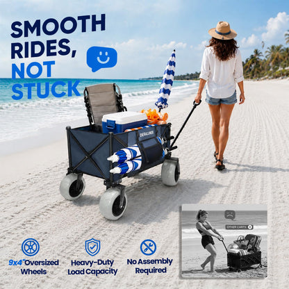 X800 Heavy Duty Beach Wagon with 9x4 Sand-Proof All-Terrain Wheels, 300L Oversized Foldable Wagon Cart with Side Bag, All-Terrain Utility Wagon for Beach Essentials, Sport, Camping（Navy Blue）