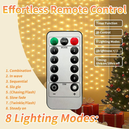 Patioman Fairy Curtain Lights, 200 LED Upgraded Tangle-Free Hanging Lights with Remote, USB Plug in String Lights for Bedroom Wall Window Wedding Party Xmas Home Décor - 6.6 x 6.6 Ft, Warm White