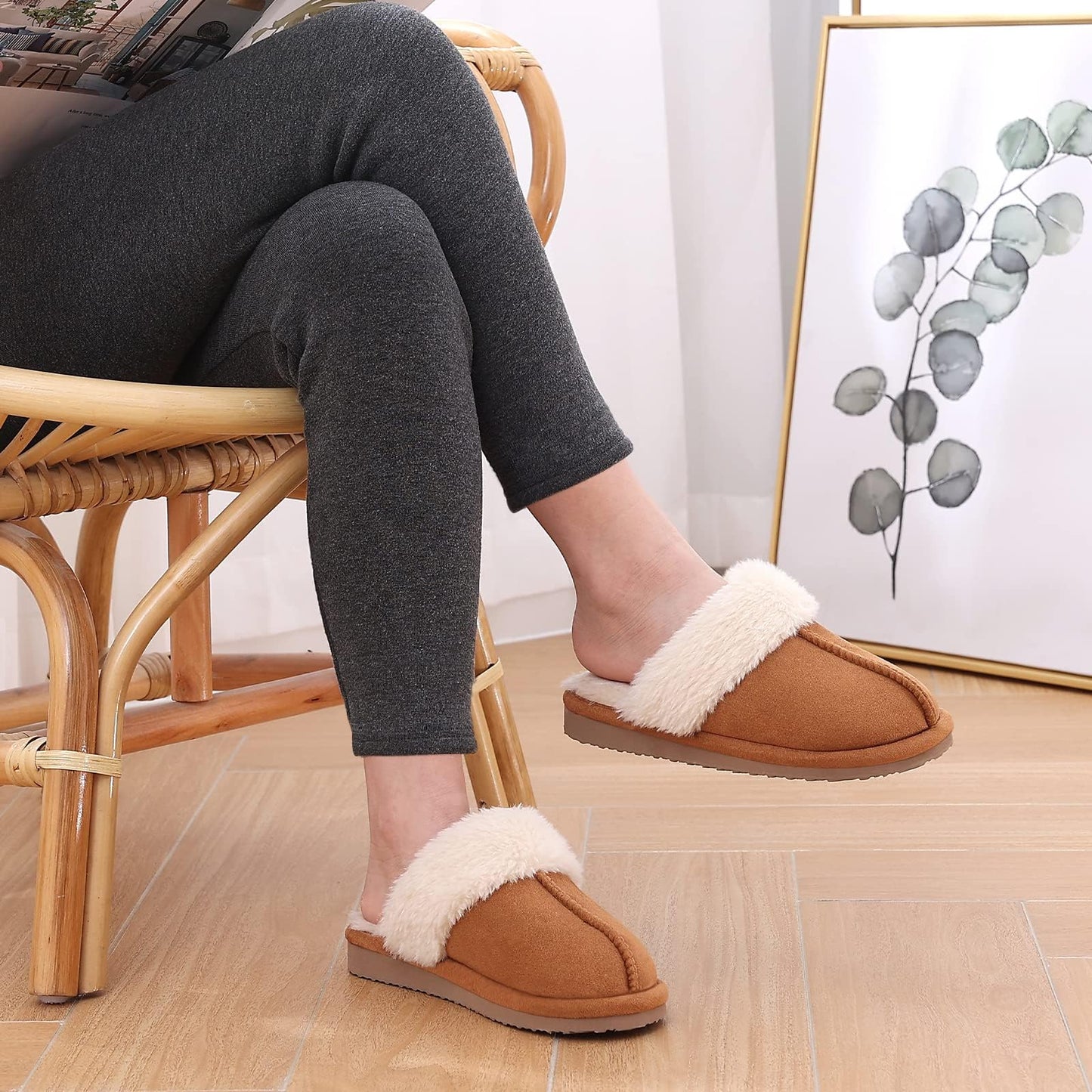 Litfun Women's Fuzzy Memory Foam Slippers Fluffy Winter House Shoes Indoor and Outdoor, Chestnut 5.5