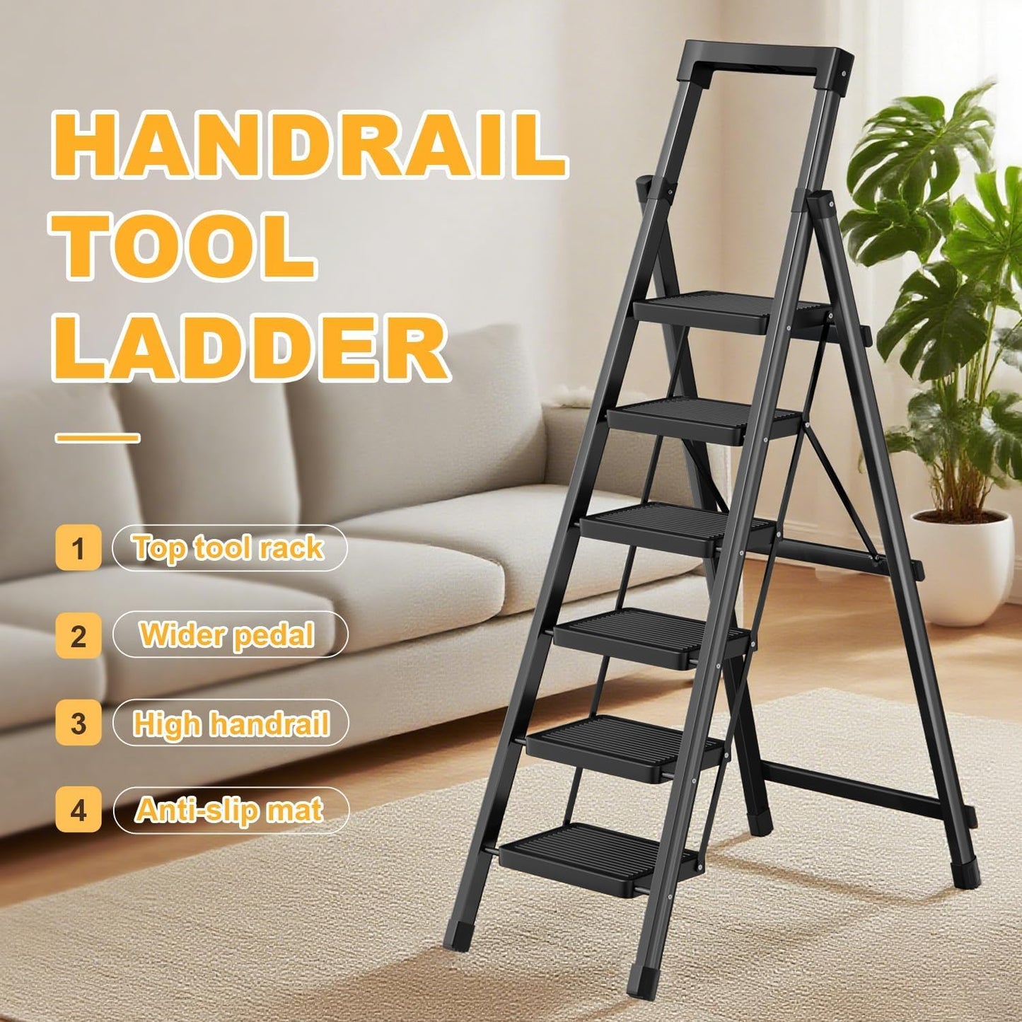 7 Step Ladder with Platform, Folding Step Stool Heavy Duty, Portable Step Ladders with Anti-Slip Widen Pedals, Handrail, Safe-Lock Design, Tall Kitchen/Closet Step Ladder for Adults,Carbon Steel