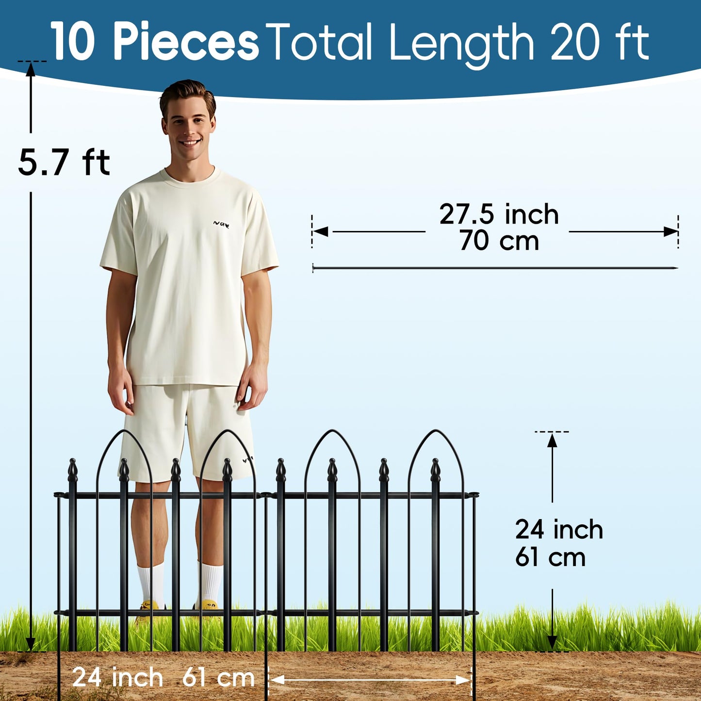 Thealyn Garden Fence 24" W x 24" H (10 Panels, Total 20 ft), Metal Fence Decorative Border Fence, Rustproof Landscape Fencing for Dog, Flower Bed, Yard, Patio, Animal Barrier
