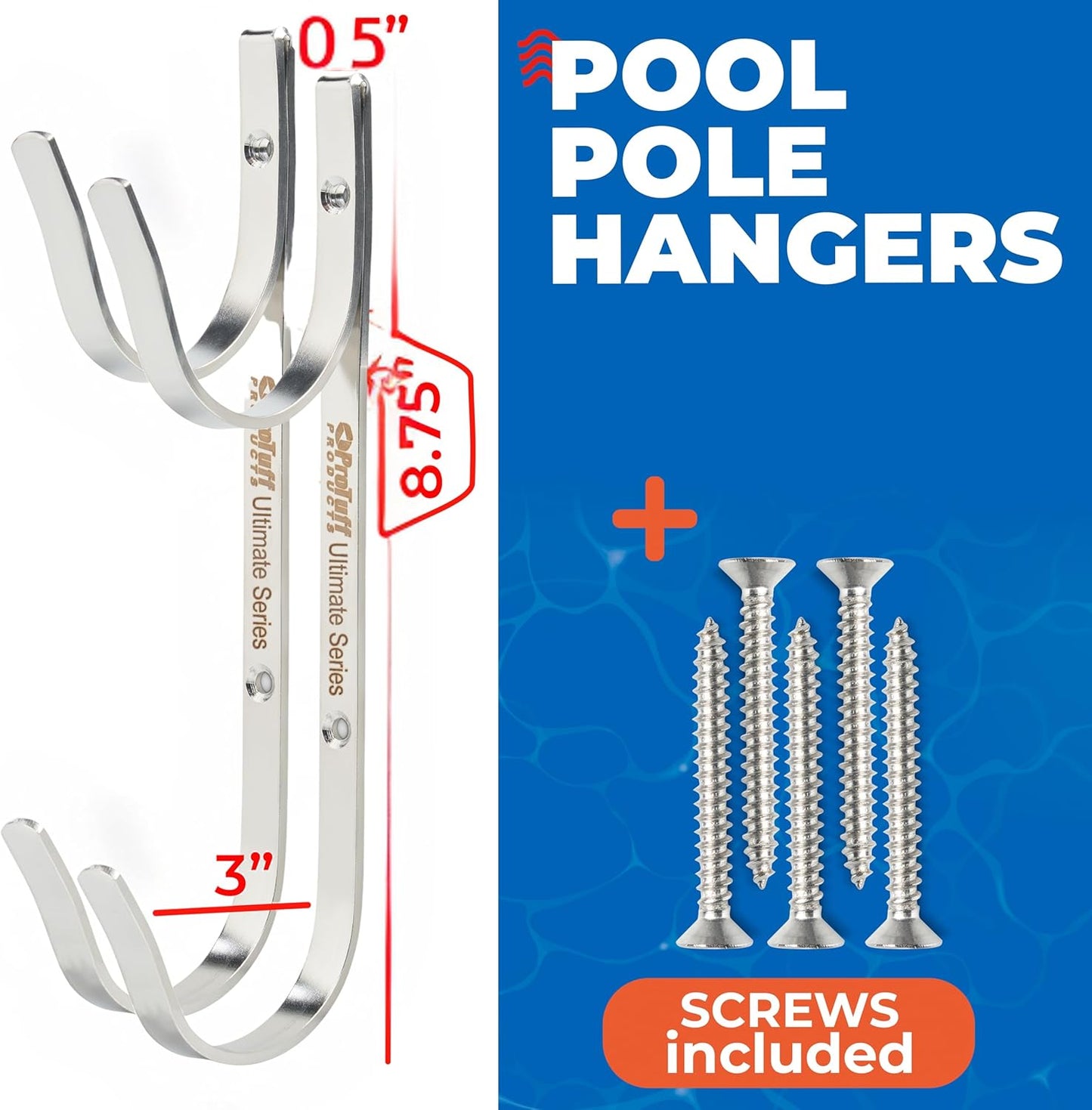 ProTuff Pool Pole Hanger Set - 2 Pack of Rust-Proof Stainless Steel Hooks - Easy Install for Poles, Nets & Skimmers