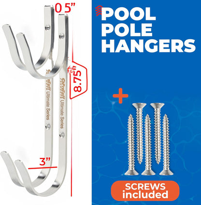ProTuff Pool Pole Hanger Set - 2 Pack of Rust-Proof Stainless Steel Hooks - Easy Install for Poles, Nets & Skimmers