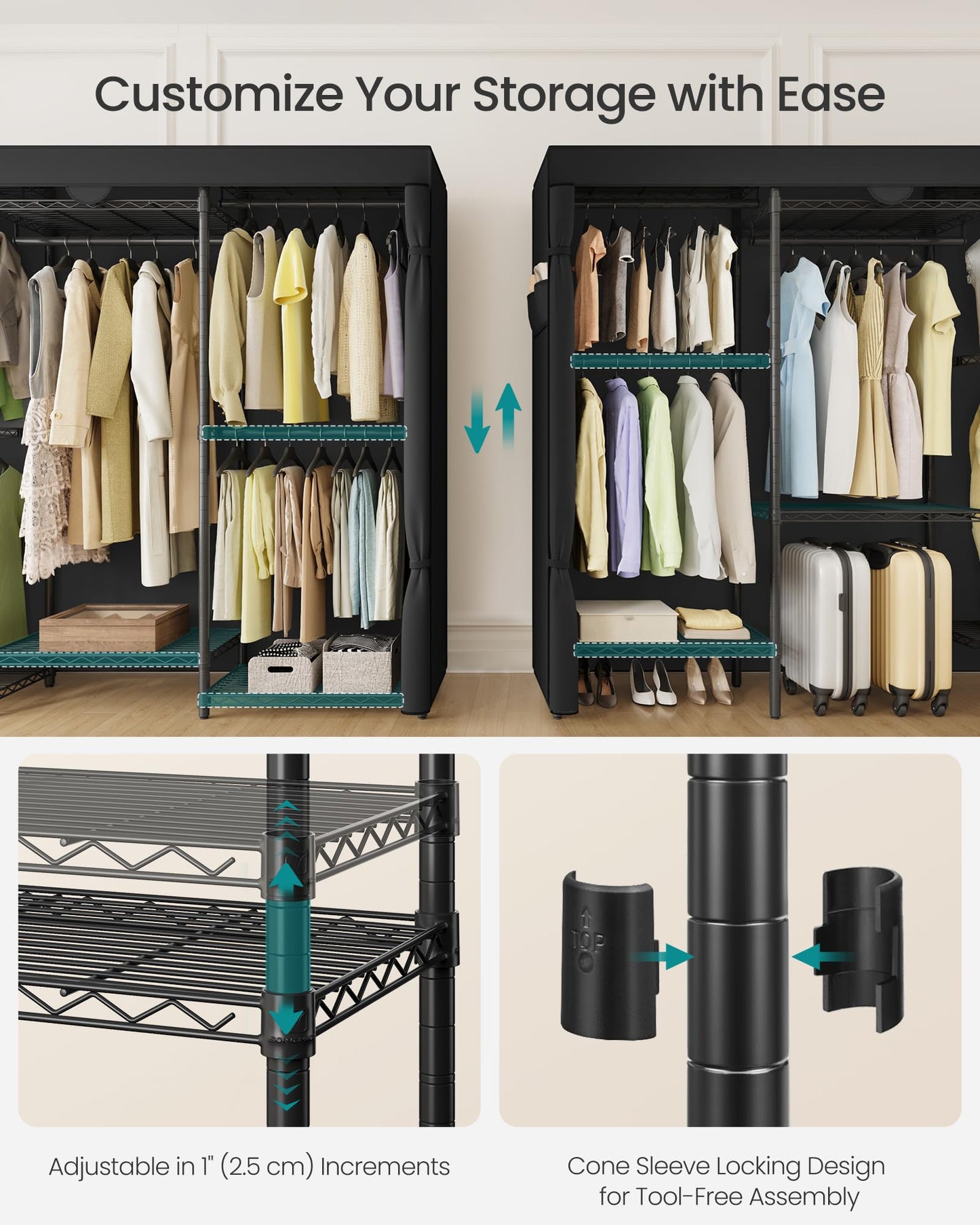 SONGMICS Heavy-Duty Clothes Rack, Garment Rack, Portable Closet, 68.7-Inch Wide Clothing Rack with Adjustable Mesh Shelves and Hanging Rails, Ink Black ULGR435B01