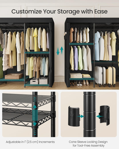 SONGMICS Heavy-Duty Clothes Rack, Garment Rack, Portable Closet, 68.7-Inch Wide Clothing Rack with Adjustable Mesh Shelves and Hanging Rails, Ink Black ULGR435B01