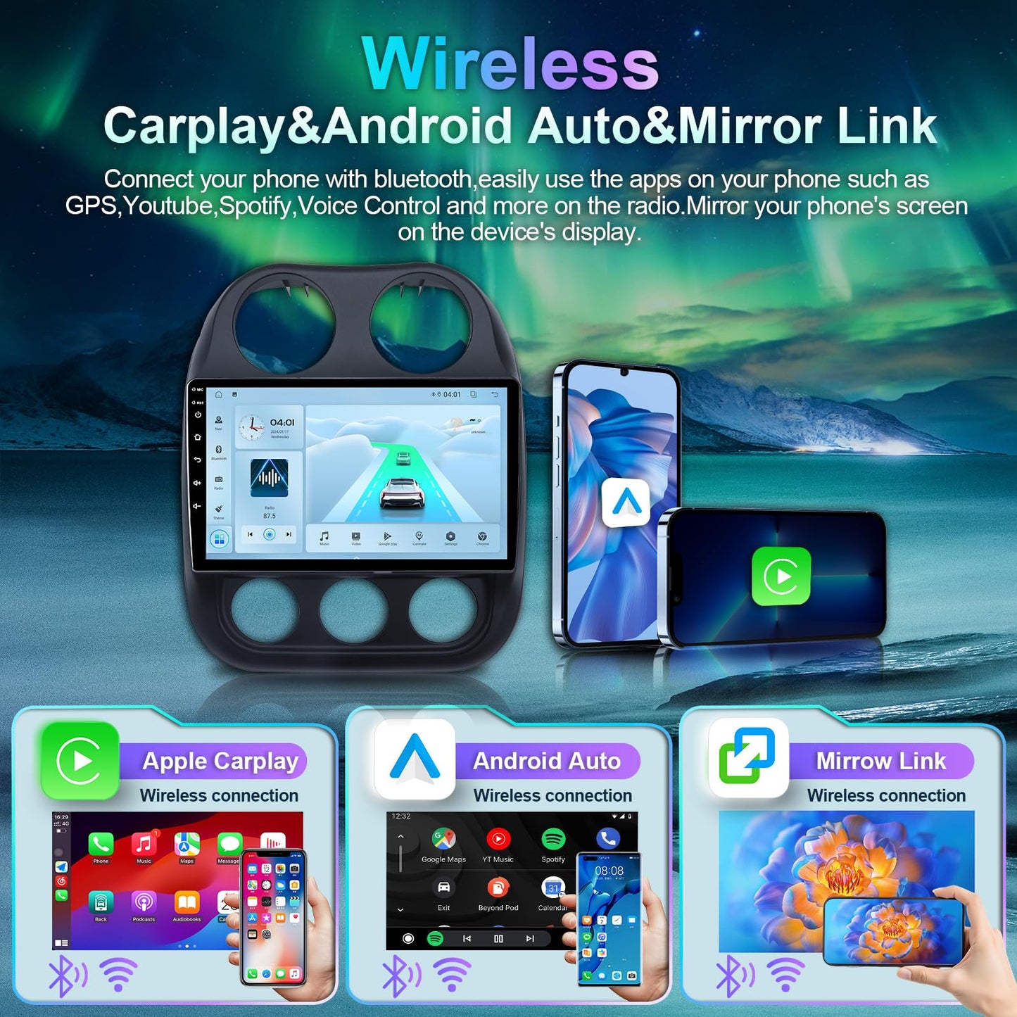AJBDJY Car Radio Stereo Comatible with Je-ep Compass (2014-2016), 10 inch 1280x720P IPS HD Touchscreen Wireless Carplay Andriod Auto