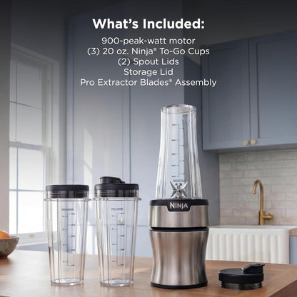 Ninja Nutri-Plus Personal Blender - Compact Push-To-Blend for Smoothies & Frozen Drinks | 3 To-Go Cups & Lids | 900 Peak Watt | Silver | BN301