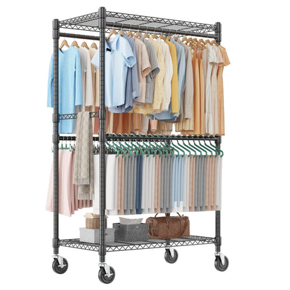 Homdox Heavy Duty Rolling Clothes Rack, Adjustable Clothing Rack for Hanging Clothes, Portable Closet Rack with 4 Hanging Rods, 2 Storage Shelves, 35.5" W x 20.5" D x 80" H, Black