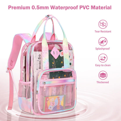 Rinooau Clear Backpack Heavy Duty, PVC Clear Bag for Stadium Events See Through Pink Bookbag, Transparent Backpack for Girls Women Kids Stadium Approved Clears Concert Bag for School Work Travel