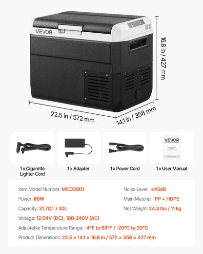 VEVOR 12 Volt Car Refrigerator, 31.7QT/30L Car Fridge, Portable Electric Cooler with -4℉~68℉ Adjustable Temperature, 12/24V DC and 100-240V AC Compressor Freezer for Outdoor, Camping, Travel, RV