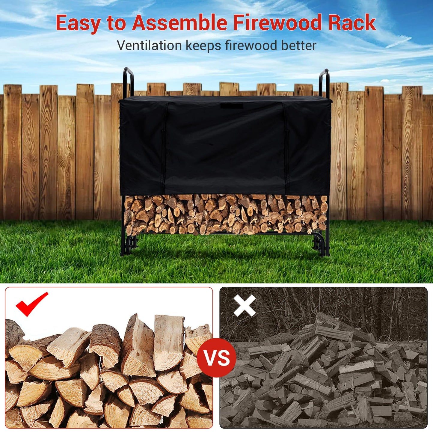 GarveeLife 12 ft Firewood Rack Outdoor with Cover, 3/4 Cord of Outdoor Firewood Storage, 1320 LB Load Capacity Heavy Duty Firewood Holder for Fireplace, Patio, Log Storage Rack