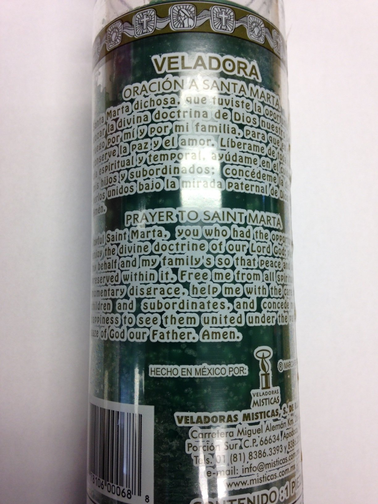 Saint Martha/Marta (Santa Marta) 7 Day Unscented Green Candle in Glass