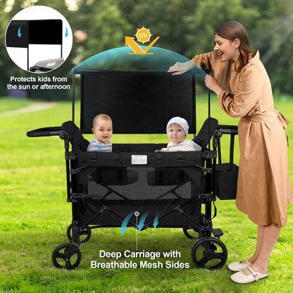 VOOI Stroller Wagon 4 Seater, Wagon for Kids, Collapsible W4 Stroller with Seats with 5-Point Harnesses, Easy Access Zipper Door, and Removable Sun Canopy (Black, W4-Large)