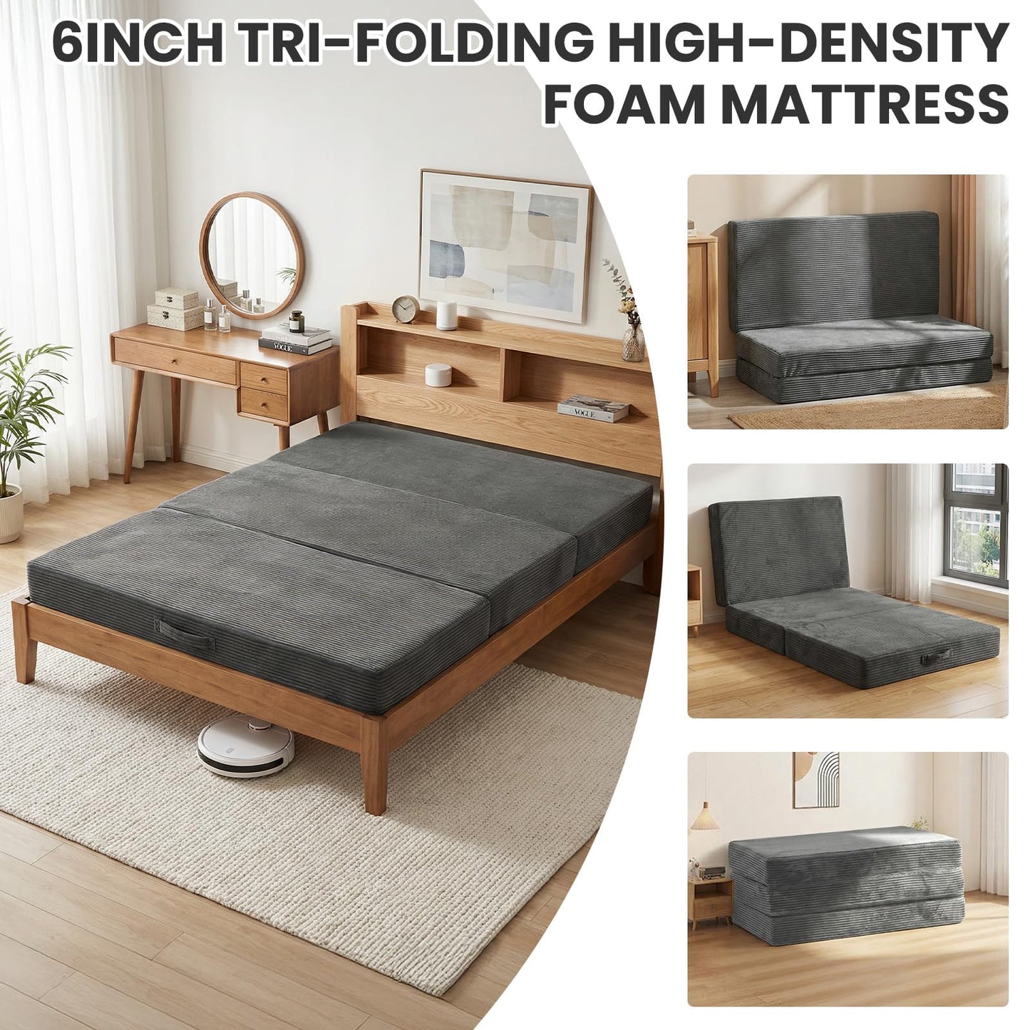 Erament 6-Inch Tri-Fold Mattress Full Size, Covertible Sofa Bed Foldable Futon Mattress with Handles & Non-Slip Bottom, Removable Machine Washable Corduroy Cover for Guest, Camping, Dorm