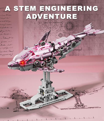 Mechanical Dolphin Building Kit Hand Crank Building Toys with Moving Jaw Swimming Tail &amp Glowing Light Effects STEM Educational Toy &amp Unique Desk Decor for Ages 8+ &amp Adults Pink