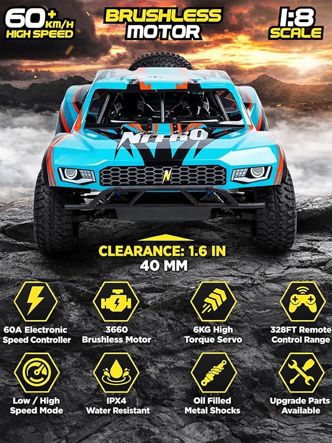 1/8 Scale Brushless RC Cars for AdultsMax 40mph Electric Off-Road Monster TruckWaterproof High Speed RC Car 4WD Remote Control Car with 3S Lipo 30+ Min Play All Terrain