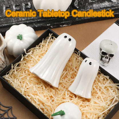 Reallnaive 2 Pcs Halloween Ghost Candlestick Holders Cute Ghost Shape Candle Stick Holders Halloween Ceramic Taper Candleholder for Wedding Party Holiday Office Home Gift Decorative Table Centerpiece