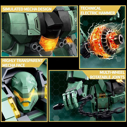 Green Heavy Mecha Building Set 542 Pieces Armored Robot Action Figure with Meteor Hammer Weapon Articulated Military Warrior Model Kit Sci-Fi Collectible Gift for Adults Teens