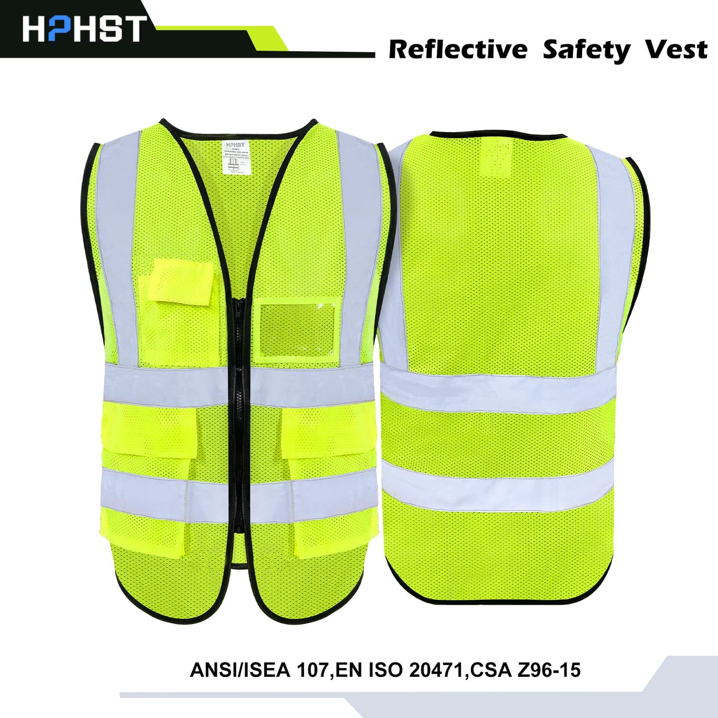 HPHST High Visibility Cycling Vest for Men and Women with Zip Reflective Vest Work Vest Yellow