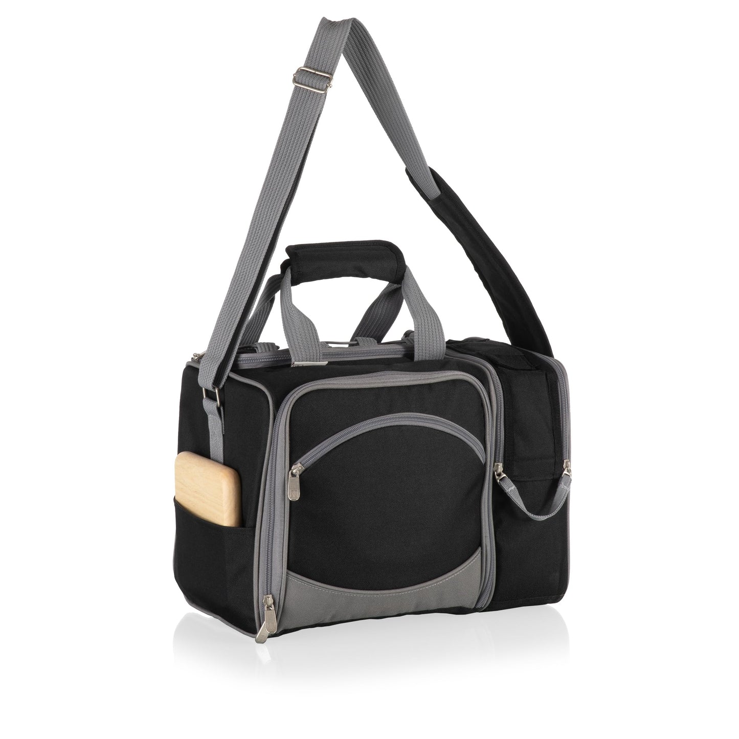 PICNIC TIME Malibu Picnic Basket Cooler, Full Service Lunch Bag for 2, Easy Carry Modern Cooler Bag, Water-Resistant Insulated Lunchbag with Shoulder Strap, (Heathered Gray with Black Accents)