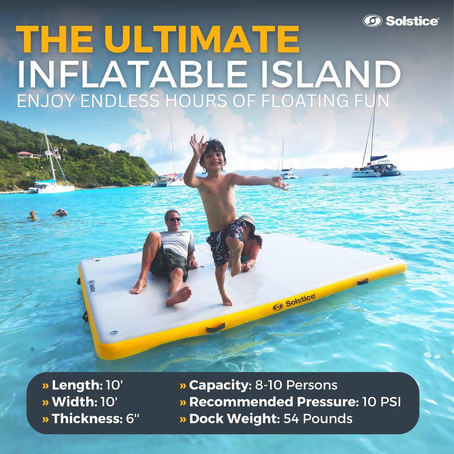 SOLSTICE 10-Person Classic Inflatable Dock, Floating Water Raft Platform, 10ft x 10ft - Outdoor Fun for Lake, River, Swimming Pool & Beach, Includes Carry Bag & Repair Kit