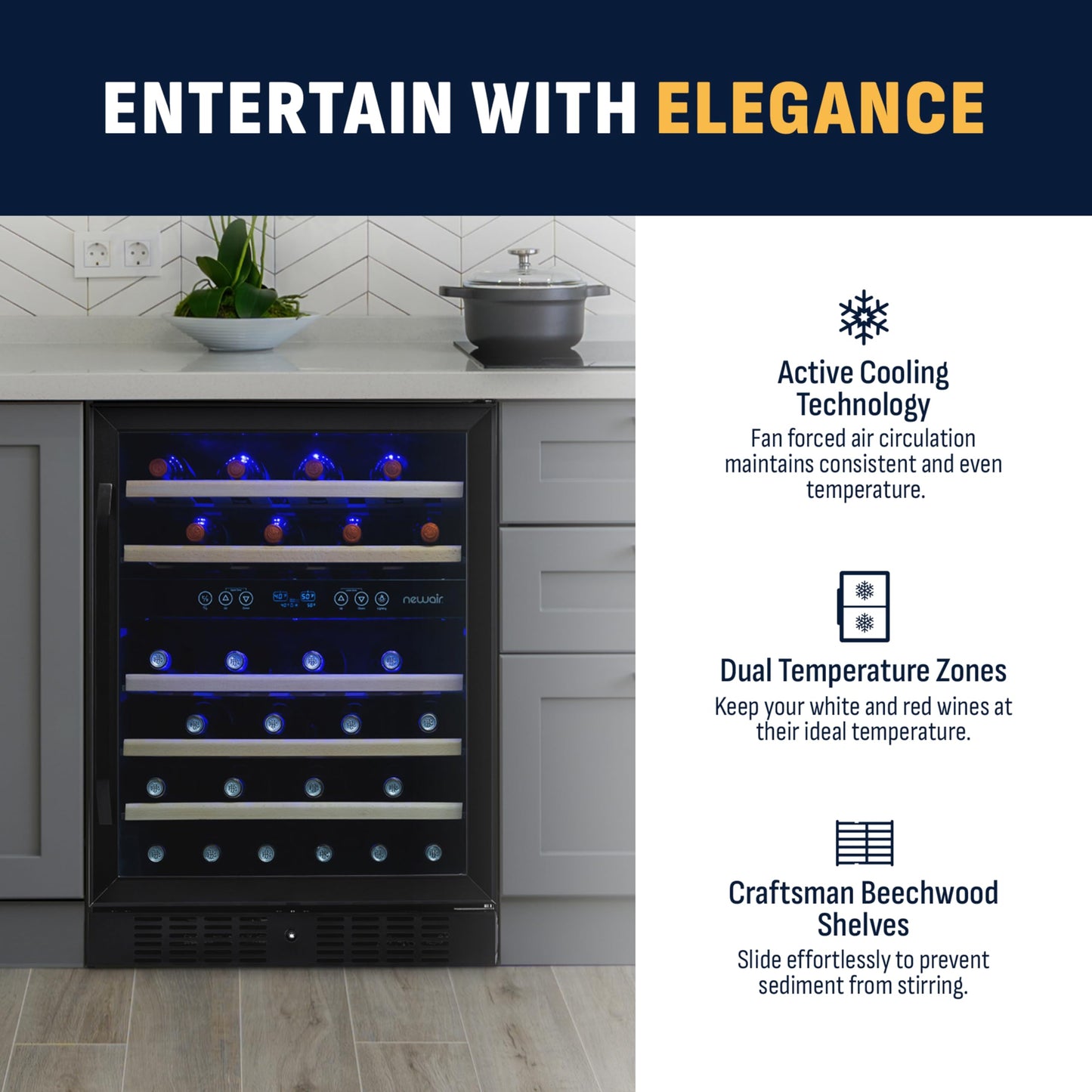 NewAir 24" Dual Zone Wine Fridge for 46 Bottles | Built-In or Freestanding Wine Cooler Refrigerator with Glass Door | Quiet Cooling & Adjustable Shelves for Red and White Wine | Black Stainless Steel