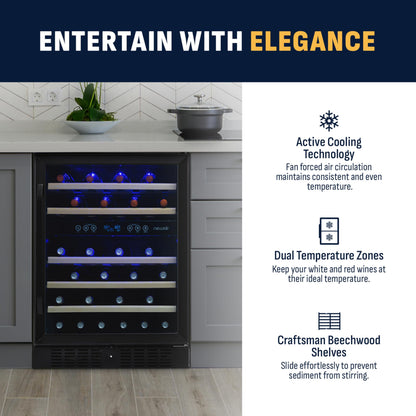 NewAir 24" Dual Zone Wine Fridge for 46 Bottles | Built-In or Freestanding Wine Cooler Refrigerator with Glass Door | Quiet Cooling & Adjustable Shelves for Red and White Wine | Black Stainless Steel