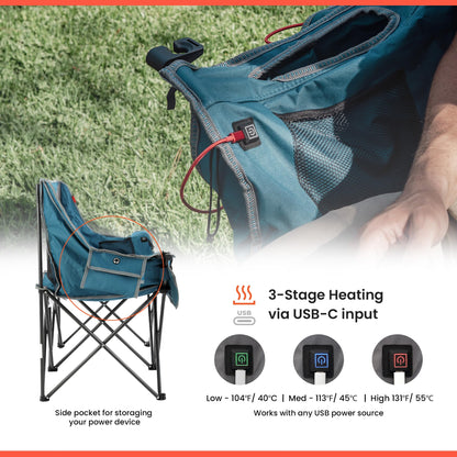ARROWHEAD OUTDOOR 57" Wide Duo Foldable Heated Camping Loveseat Chair with 3-Stage Heating, Large Cup Holders, Glass Holders, Side Pockets, and Storage Pouches - Blue and Grey