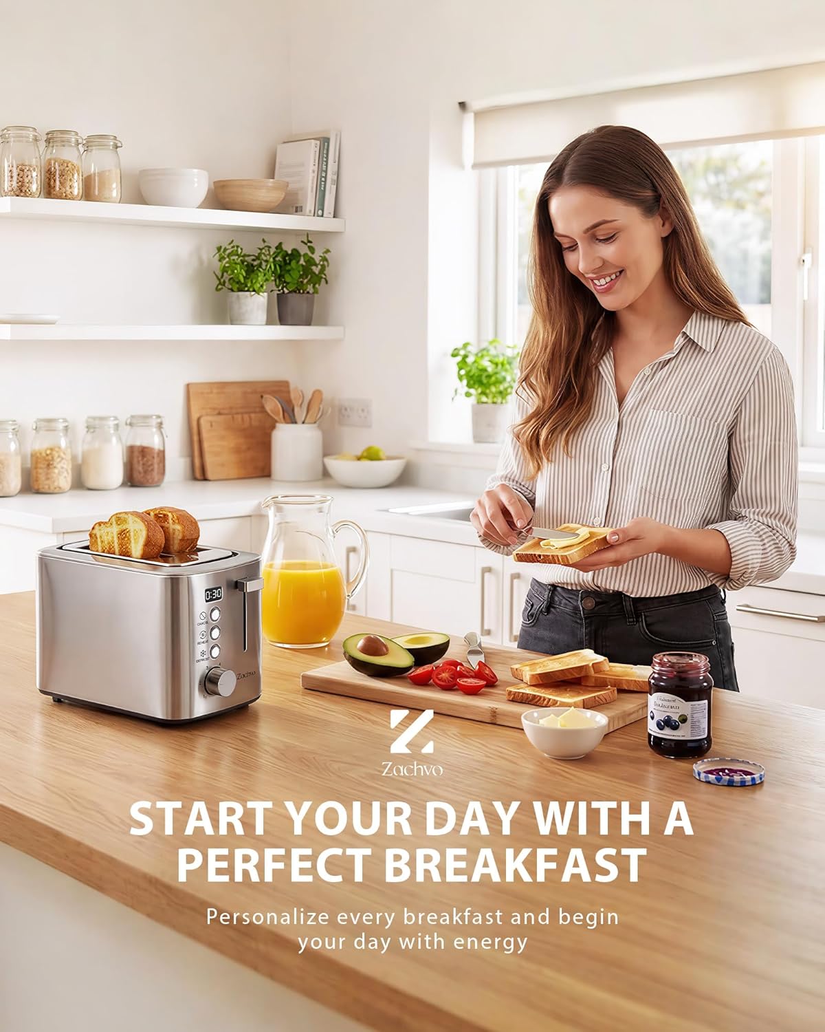 Skiennix 2-Slice Toaster - Wide Slots for Bread & Bagels, Stainless Steel with Digital Countdown & 6 Shade Settings