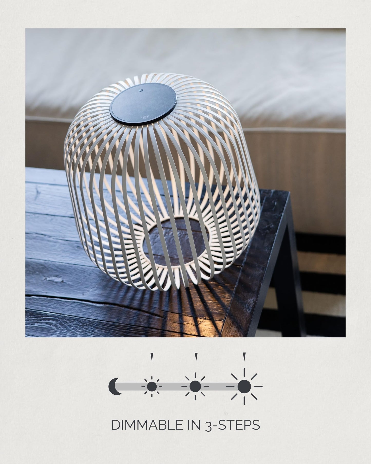 LUUK Studio Solis Wireless Solar LED Accent Lamp, Warm White Dimmable Light, Water Resistant, Indoor Outdoor Use, USB-C Rechargeable, Living Room, Patio, Soft Luxury Style, White, Size L