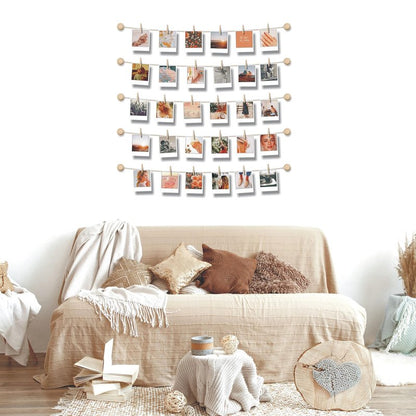 BIZYAC Hanging Photo Display Room Wall Decor - Sculptural Picture Frames Collage - 5 Strings with 30 Clips - 3M Self Adhesive Hooks - No Holes Drilling - 30 x 30 inch