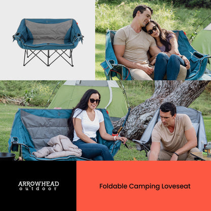 ARROWHEAD OUTDOOR 57" Wide Duo Foldable Heated Camping Loveseat Chair with 3-Stage Heating, Large Cup Holders, Glass Holders, Side Pockets, and Storage Pouches - Blue and Grey