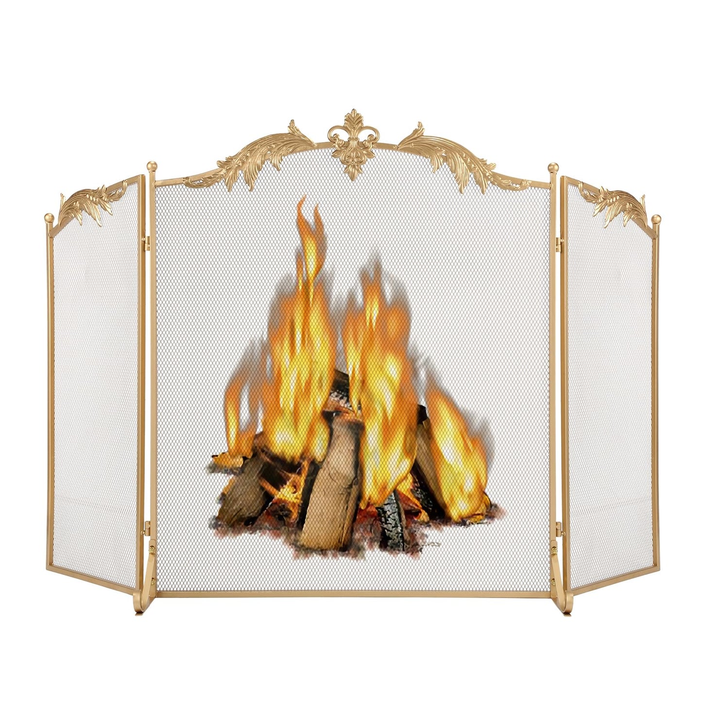 WICHEMI Fireplace Screen 3 Panel Folding Fireplace Screens 50.4 x 32.3 Inch Metal Furnace Fireguards Mesh Cover Baby Safe Proof Fence Spark Guard Cover Wrought Iron Fire Place Standing Gate (Golden)