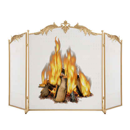 WICHEMI Fireplace Screen 3 Panel Folding Fireplace Screens 50.4 x 32.3 Inch Metal Furnace Fireguards Mesh Cover Baby Safe Proof Fence Spark Guard Cover Wrought Iron Fire Place Standing Gate (Golden)