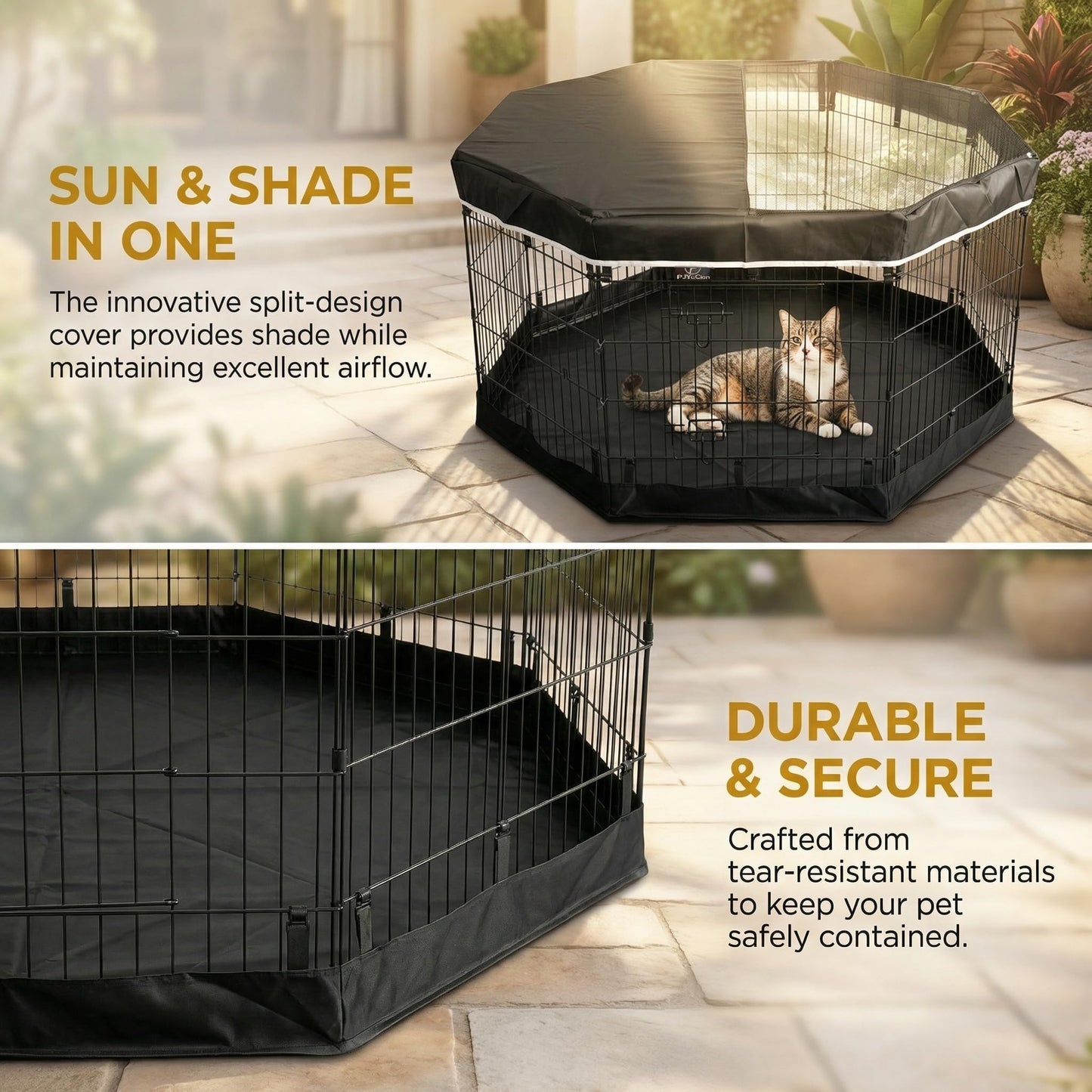 PJYuCien Octagonal Dog Playpen with Top Cover and Bottom Pad - Metal Foldable Exercise Pen, 8 Panels 24" H x 24" W Indoor Outdoor Pet Fence Puppy Crate Kennel, Black