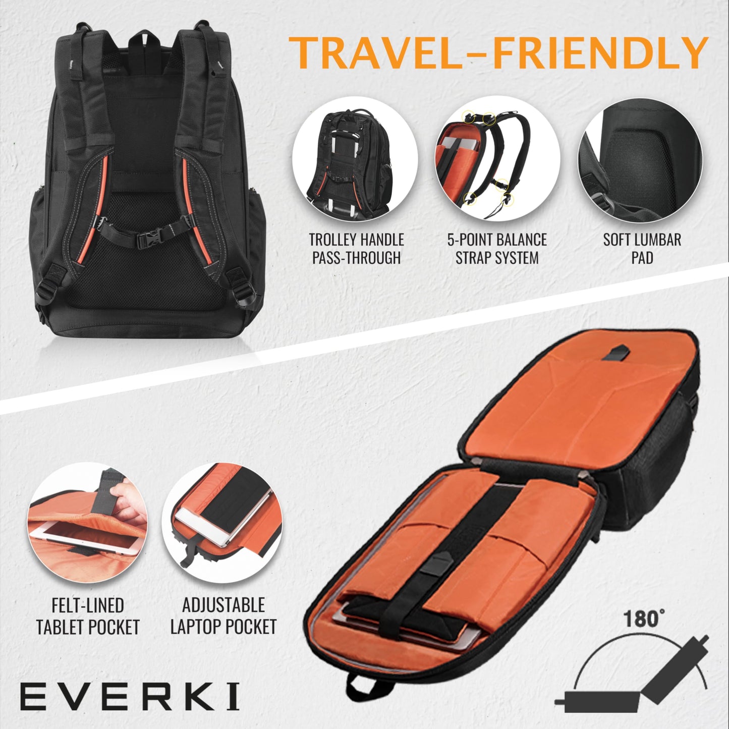 EVERKI Atlas Business Laptop Backpack (EKP121S15) with Orange Accessory Pouch & Rain Cover - Men's Backpack with 11"-15.6" Compartment, 29.5L Capacity - Travel-Friendly Backpack, Pouch & Cover Bundle