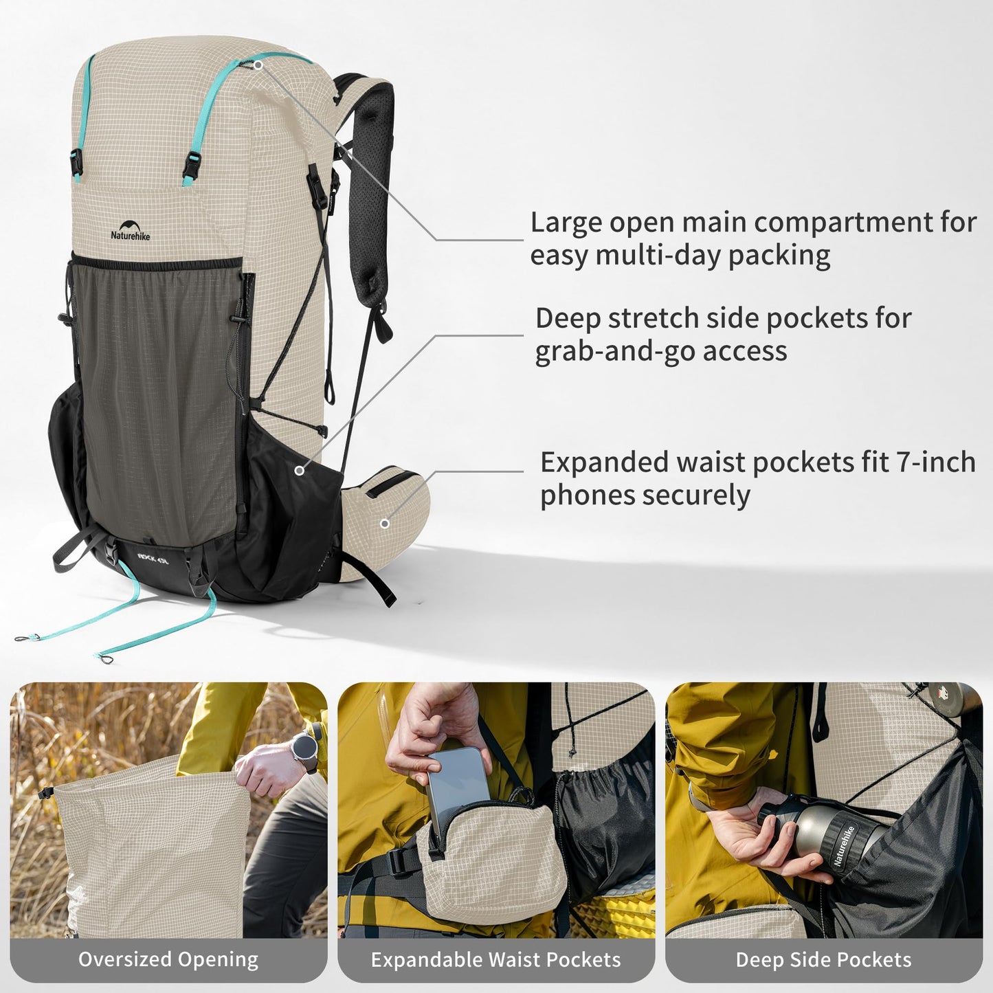 Naturehike 60L Rock 2.0 Upgraded Internal Frame Hiking Backpack for Outdoor Camping Travel Backpacking, Ultralight with Rain Cover Backpack for Adults(White/L/60L)