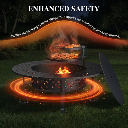 Outdoor Fire Pit, 48" Fire Pit for Outside Wood Burning with Adjustable 2 Grills, Firepit with Lid and Fire Poker, BBQ, Bonfire, Round Outdoor Fireplace 3 in 1 for Patio, Backyard, Garden, Camping