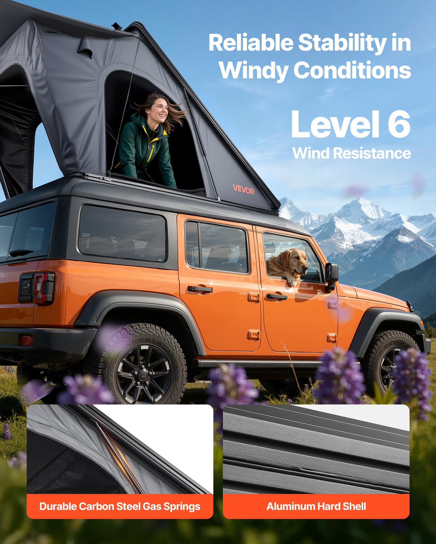 VEVOR Rooftop Tent Hard Shell, 2-3 Person Aluminum Roof Top Tent Hardshell with Tri-Color LED Light, Thick Mattress & 1 Window, Waterproof Windproof Overland Camping Car Roof Rack for Jeep SUV Pickup