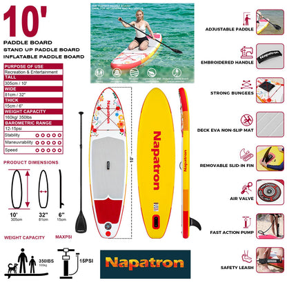 Napatron Family Inflatable Stand Up Paddle Board, Sup,Stable Wide Design,350LBS Capacity,Complete Paddle Board Package with Fast Action Pump,Leash,Ideal for Beginners/Youth & AllSkill Levels