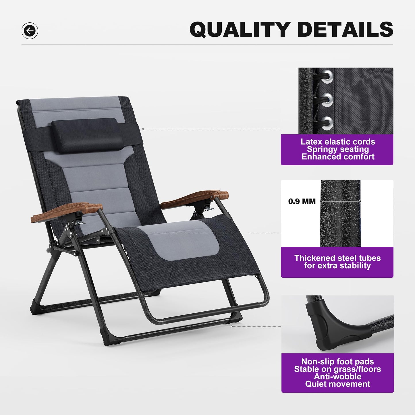 PURPLE LEAF Extra Wide Outdoor Reclining Chair Patio Zero Gravity Chaise Lounge Folding Chair with Quilted Cushion Adjustable Headrest for Lawn Camping Beach Pool Black and Grey