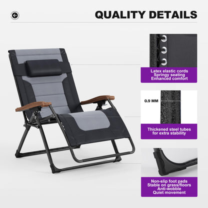 PURPLE LEAF Extra Wide Outdoor Reclining Chair Patio Zero Gravity Chaise Lounge Folding Chair with Quilted Cushion Adjustable Headrest for Lawn Camping Beach Pool Black and Grey