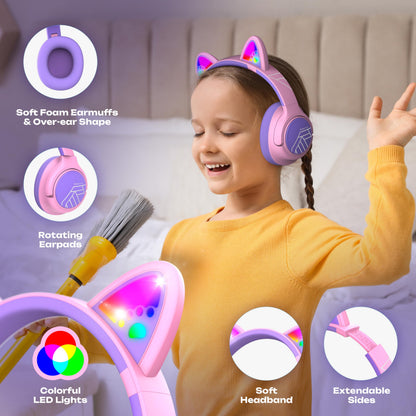 PowerLocus Kids Wireless Headphones, Bluetooth Kids Headphones LED Lights Over Ear with 74/85/94dB Volume Limited, 45H Playtime,Built-in Mic, Two Device Share Mode, HD Stereo for Travel/PC/Tablet