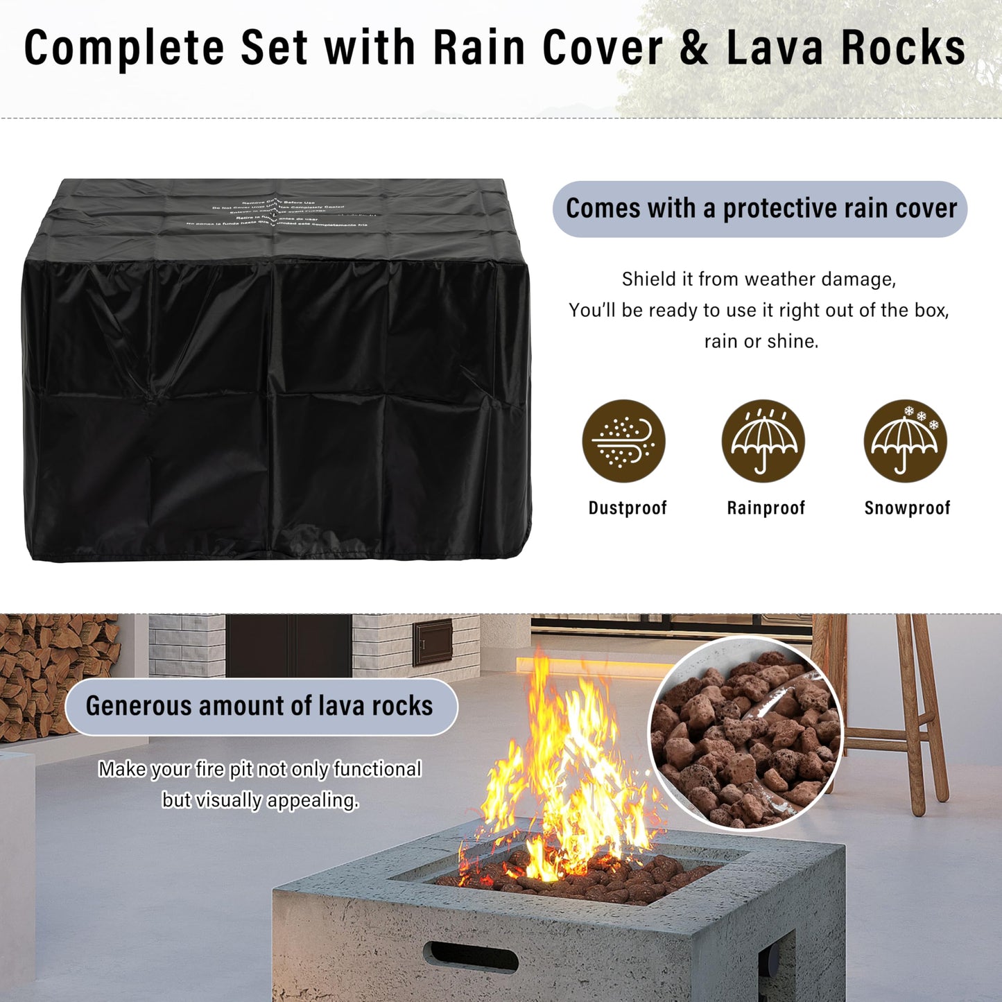 GDFStudio MgO Lightweight Square Propane Fire Pit Table, 40000 BTU Outdoor Propane Fire Pit with Steel Burner, Adjustable Flame Control, Lava Rocks & Rain Cover, Patio Backyard Deck Poolside, Gray
