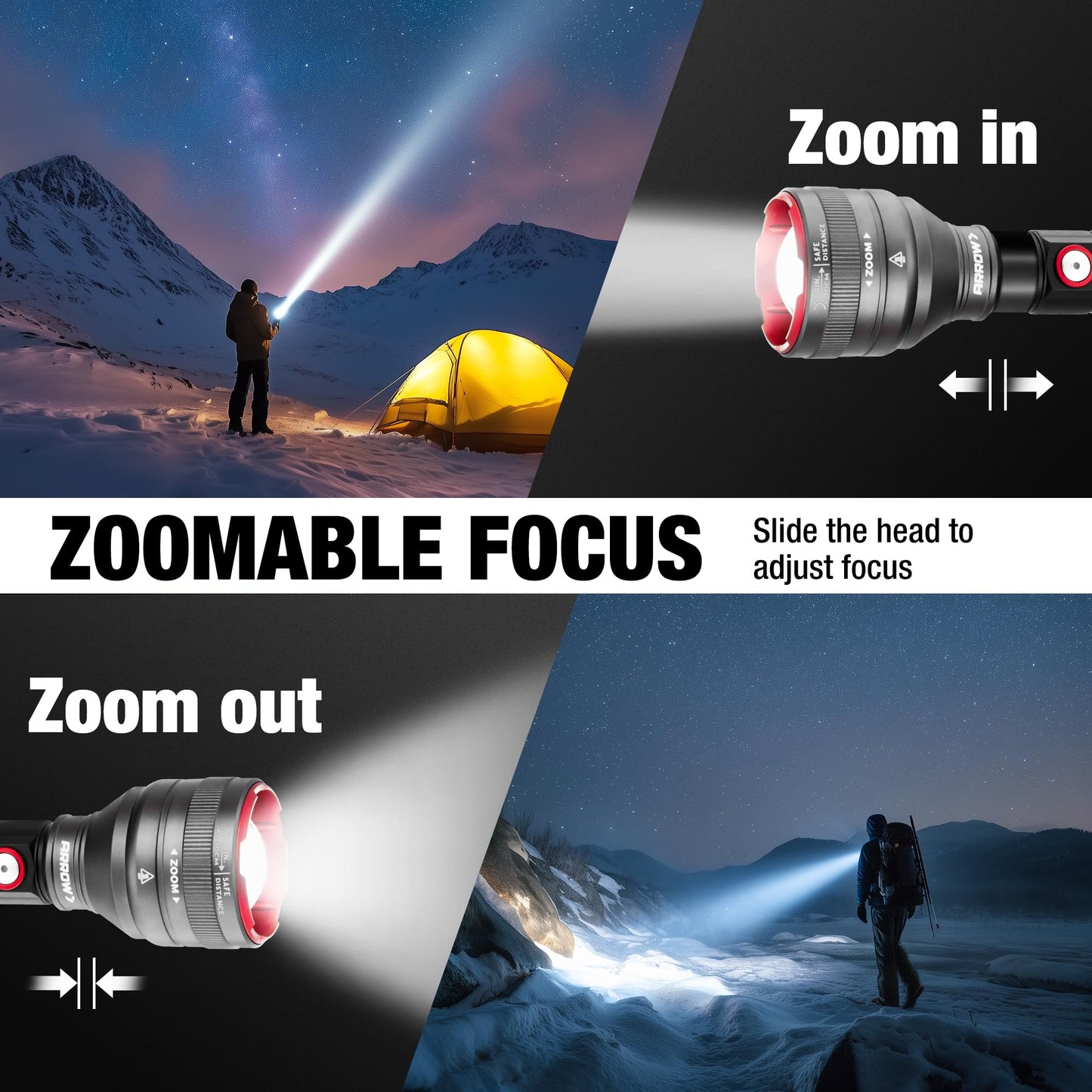Arrow Rechargeable Flashlights 12000 Lumens, 6 Modes Bright LED Flashlight with Memory Function, IPX7 Waterproof, Zoomable Flash Light with Dual Power Design, USB-C Input Output for Outdoor Emergency