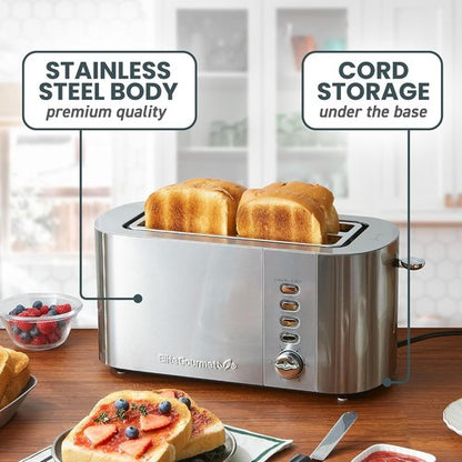 Elite Gourmet ECT4123X 4-Slice Toaster - Extra Wide Slots, 6 Shade Settings, Stainless Steel Finish