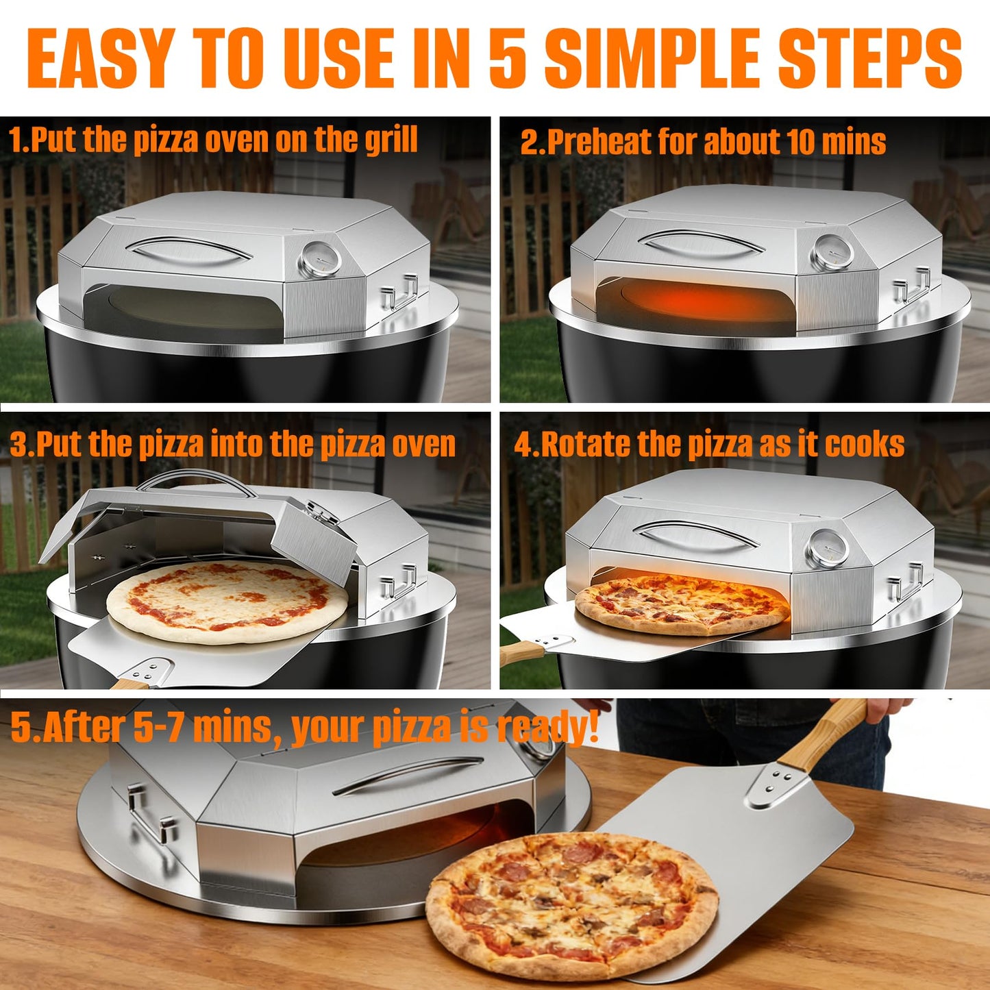Onlyfire Stainless Steel Pizza Oven Kit for 22 Inch Charcoal Kettle Grilll - Outdoor Grill Top Pizza Oven Kit, Pizza Maker Tool Set Including Pizza Chamber, Pizza Stone, Pizza Peel and Thermometer
