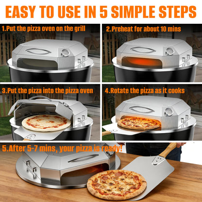 Onlyfire Stainless Steel Pizza Oven Kit for 22 Inch Charcoal Kettle Grilll - Outdoor Grill Top Pizza Oven Kit, Pizza Maker Tool Set Including Pizza Chamber, Pizza Stone, Pizza Peel and Thermometer