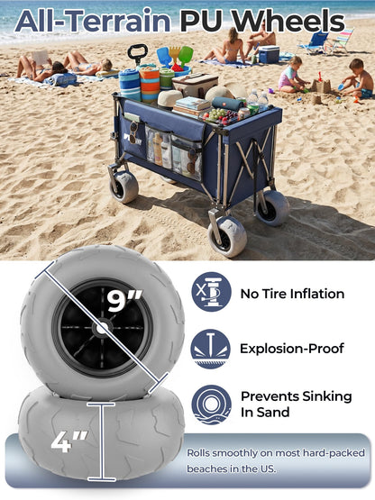 Aimnny Beach Wagon with Big Wheels for Sand, 9"x4" All-Terrain with Brakes, 300L Capacity Beach Cart with 55" Expandable Tailgate, Heavy Duty Collapsible Wagon for Camping Outdoor (Blue)