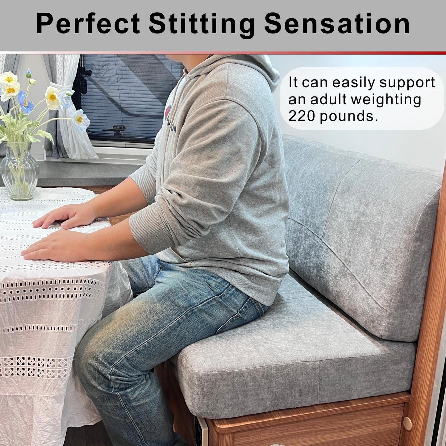 Dulepax RV Dinette Booth Cushions with Memory Foam，Replacement Camper Cushions，Dinette Seat for Camper Trailer，RV Dinette Seat Including 1 Backrest & 1 Bench,RV Sofa,RV Couch,Grey,44inch.